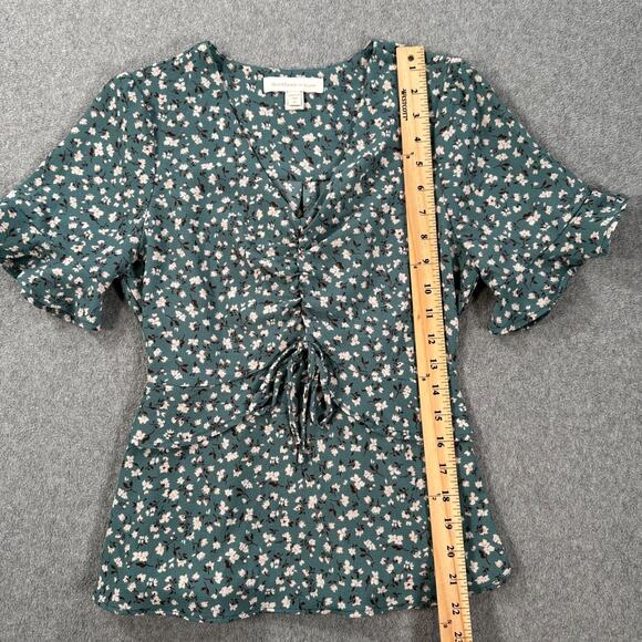 Monteau Floral V-Neck Blouse Women's Medium Blue Short Sleeve Bow Ruched - Picture 5 of 8